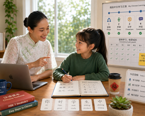 Profesora guiando a una estudiante en el aprendizaje de mandarin