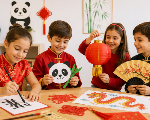 Ninos aprendiendo cultura china y caligrafia