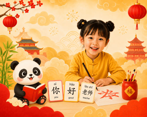 Nina practicando escritura china en una escena cultural